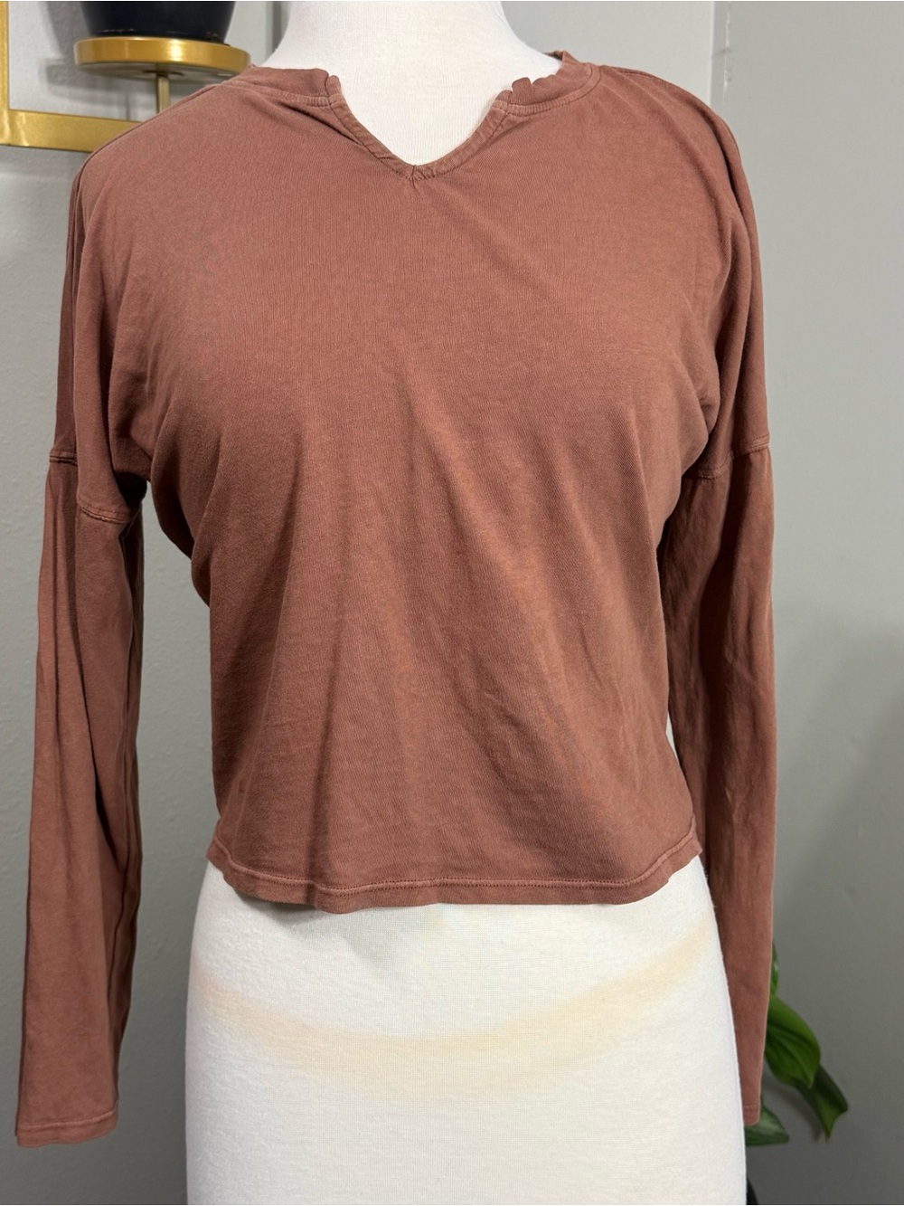 Wild Fable Women’s Medium Brown Notch Neck Long Sleeve Cropped Top